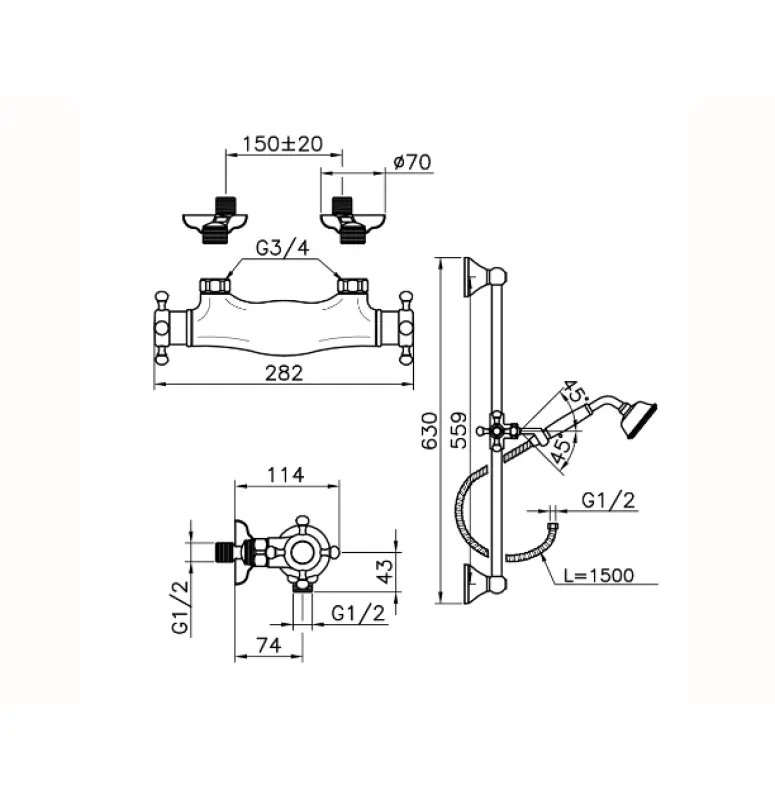 Huber Victorian Thermostat-Duschbatterie mit Duschstange-Set Edelstahl VTS010102A