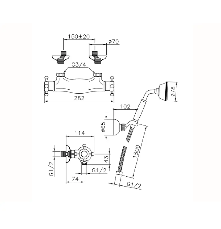 Huber Victorian Thermostat-Duschbatterie mit Handbrause Chrom VTD0101021