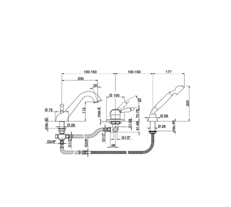 Cisal Arcana Empress 3-Loch-Wannenarmatur mit Handbrause Bronze EM00126027