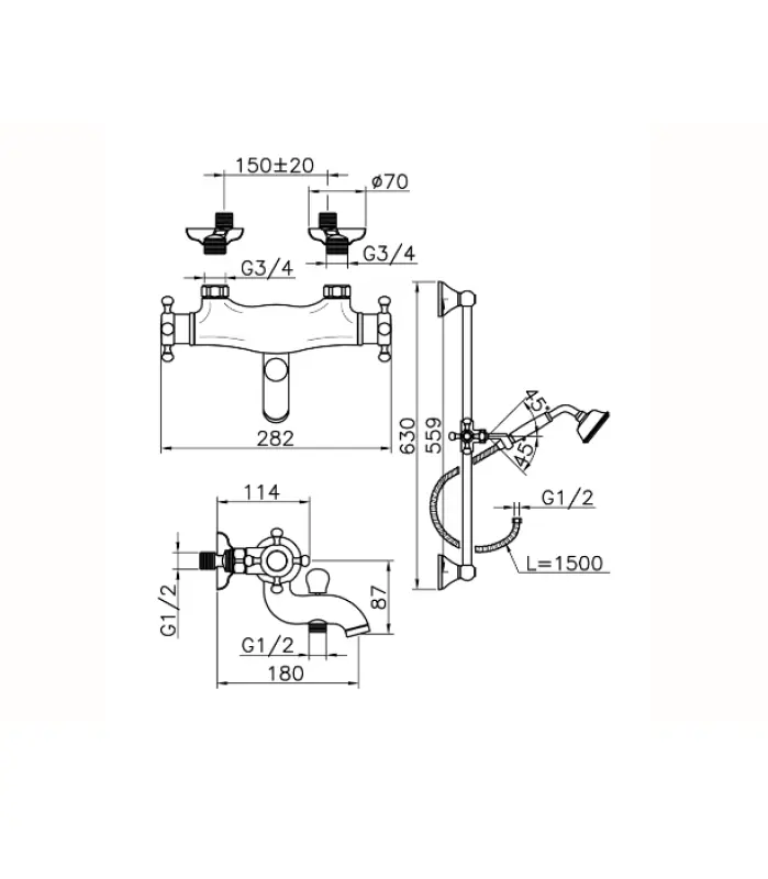Huber Victorian Thermostat-Badearmatur mit Duschgarnitur Edelstahl VTS270102A