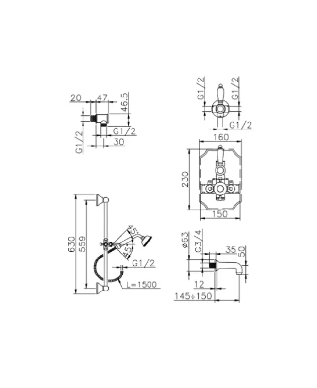 Huber Victorian Thermostat-Einbau-Badewanne-Brause-Set Edelstahl 914.VT01H.AC