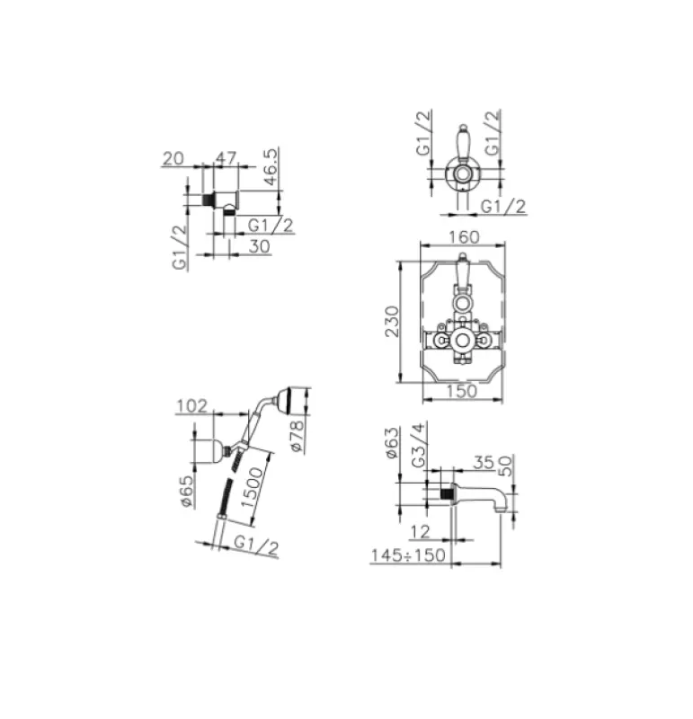 Huber Victorian Thermostat-Einbau-Badewanne-Brause-Set Edelstahl 915.VT01H.AC