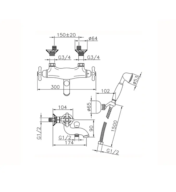 Huber Croisette Thermostat-Wannenbatterie mit Brausegarnitur Gold CSD270102G