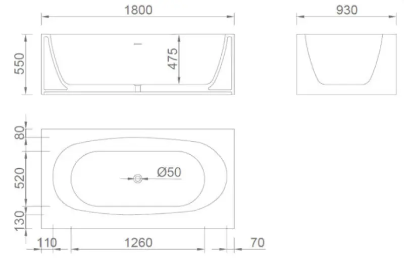 Solid-S Recto Solid Surface freistehende Badewanne aus Corian, L 180 x B 93 x H 55 cm, mattweiß, letzter Lagerbestand