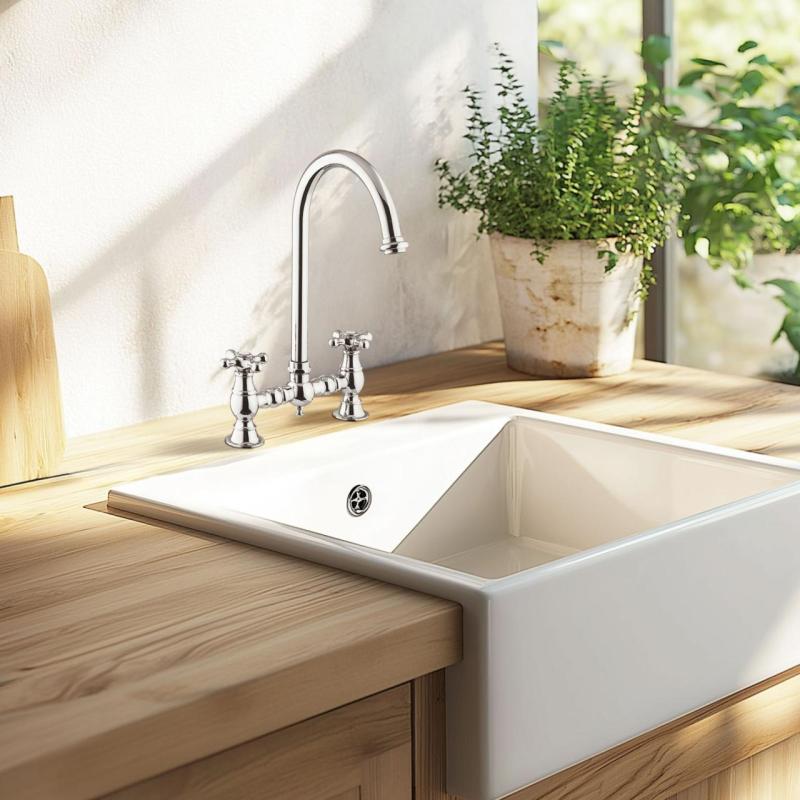 PB Nostalgic Brücke Küchenarmatur Chrom runder Auslauf mit Sterngriffen PBN.CHR.R.ST