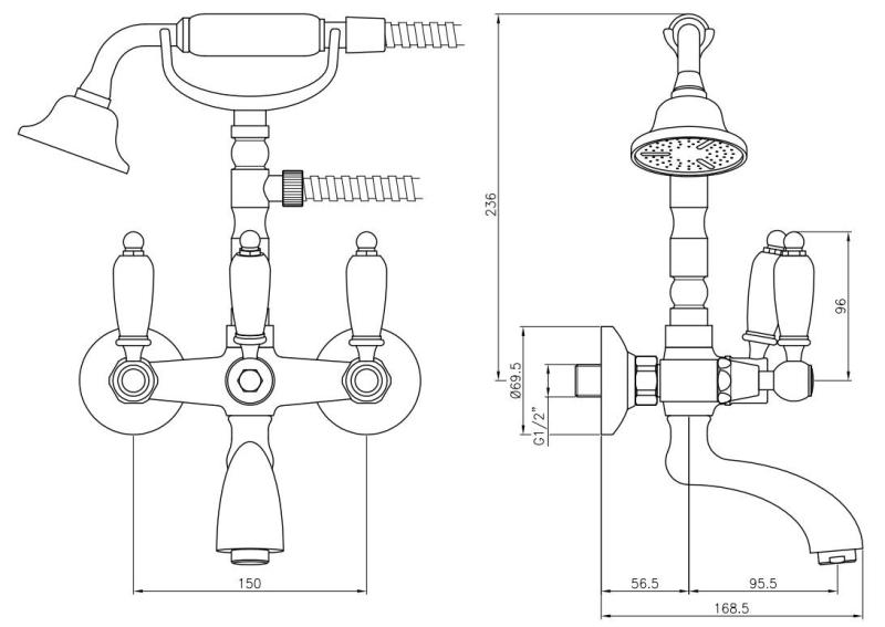 PB klassischer Wasserhahn Aufputz-Badarmaturenset mit weißen Griffen aus Edelstahl, inklusive Handbrause 1208854432