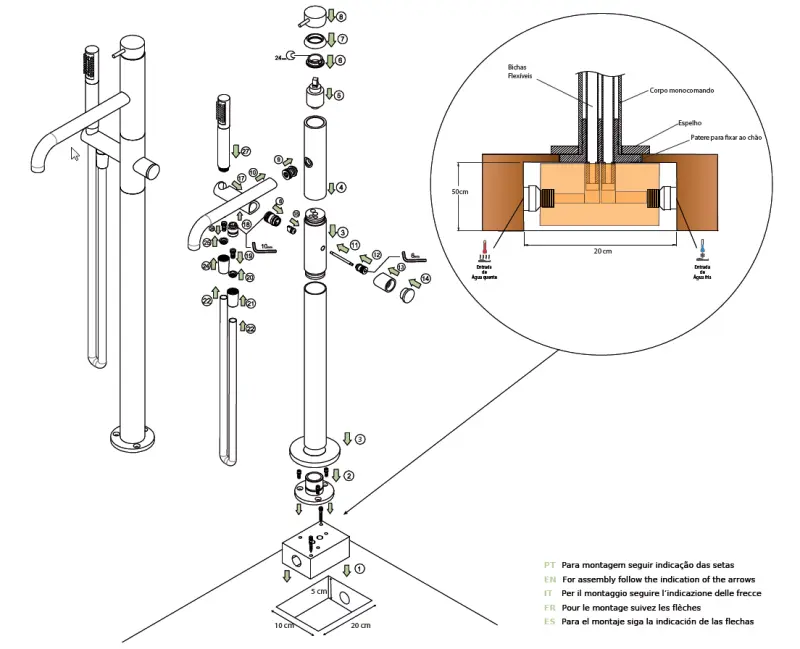 Waterevolution Flow freistehende Wannenbatterie mit Handbrause, Messing gebürstet T133BB