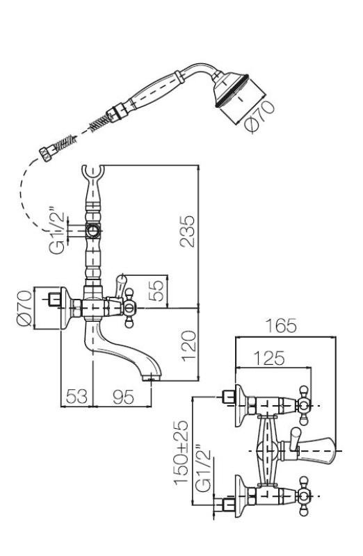 PB Freistehende Badewannenarmatur, nostalgisch, Sterngriffe, Edelstahl 6000