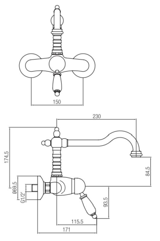 PB nostalgische Einhebel-Wandarmatur, Aufputz, weißer Hebel, Bronze