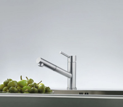 Franke Orbit  niedrige Küchenarmatur mit Zugauslauf, Edelstahl 115.0569.461