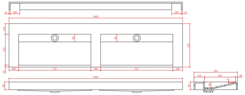 Solid-S Marmor Doppelwaschtisch Solid Surface schwarzer Marmor matt ohne Hahnloch mit Solid Cover B180xT45xH8 1208953889