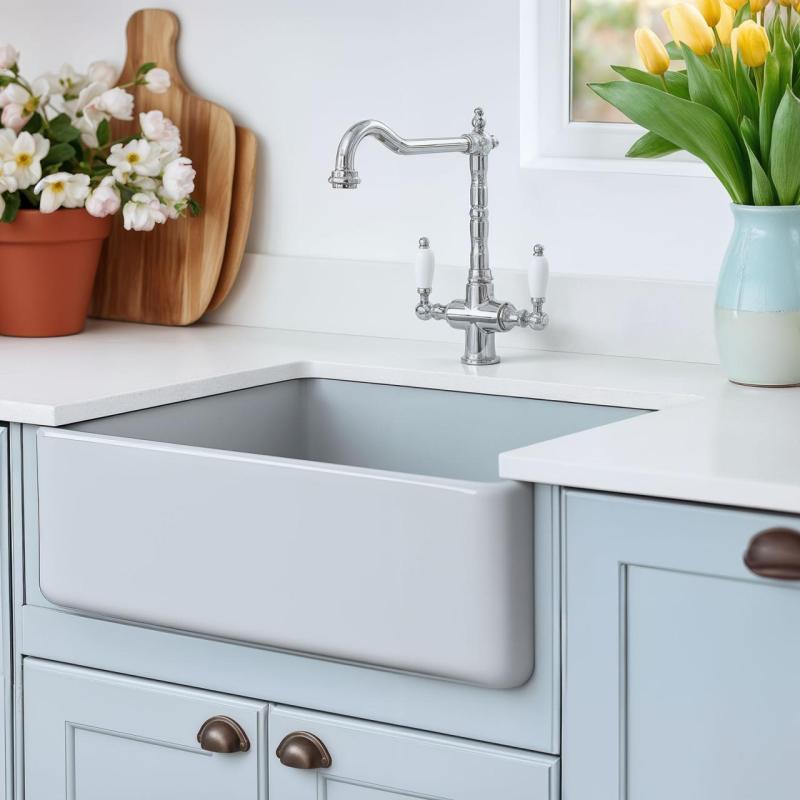 PB Nostalgische klassische Landhaus-Küchenarmatur, Chrom mit weißen Griffen 1208953911