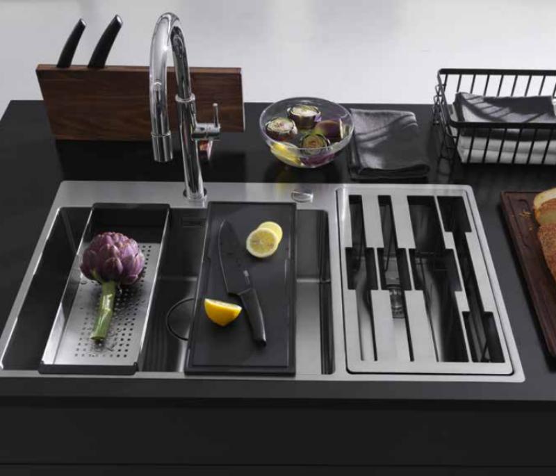 Franke Box Center BWX220-54-27 Edelstahlspüle rechts mit Schneidebrett, Messerset und Gitterkorb 86x51cm 127.0558.824