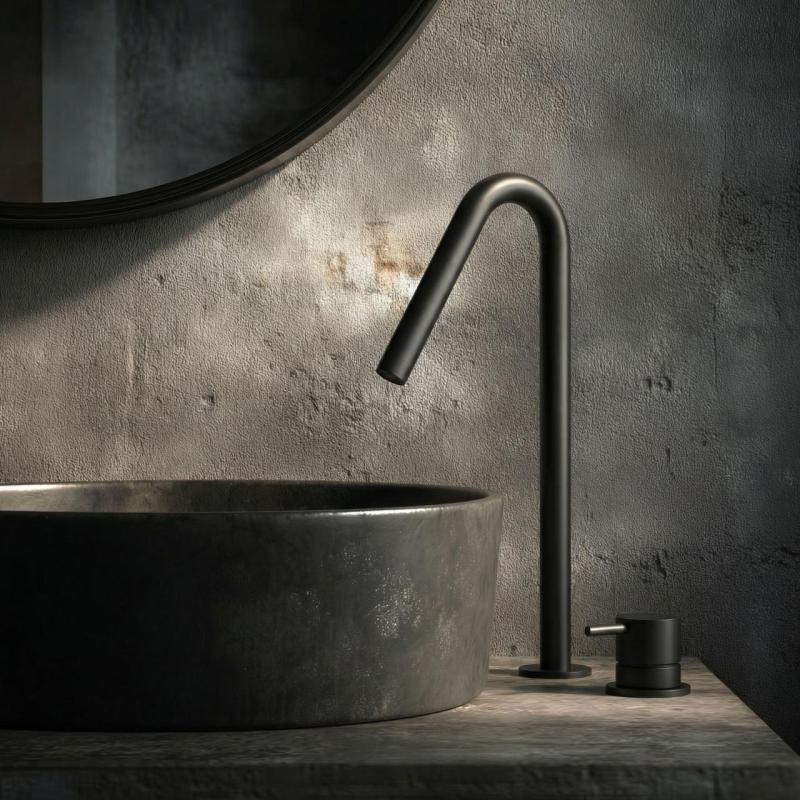 Waterevolution Flow 2-Loch Waschtischarmatur mit hohem 227mm V-Auslauf, Schwarz T1122VPR