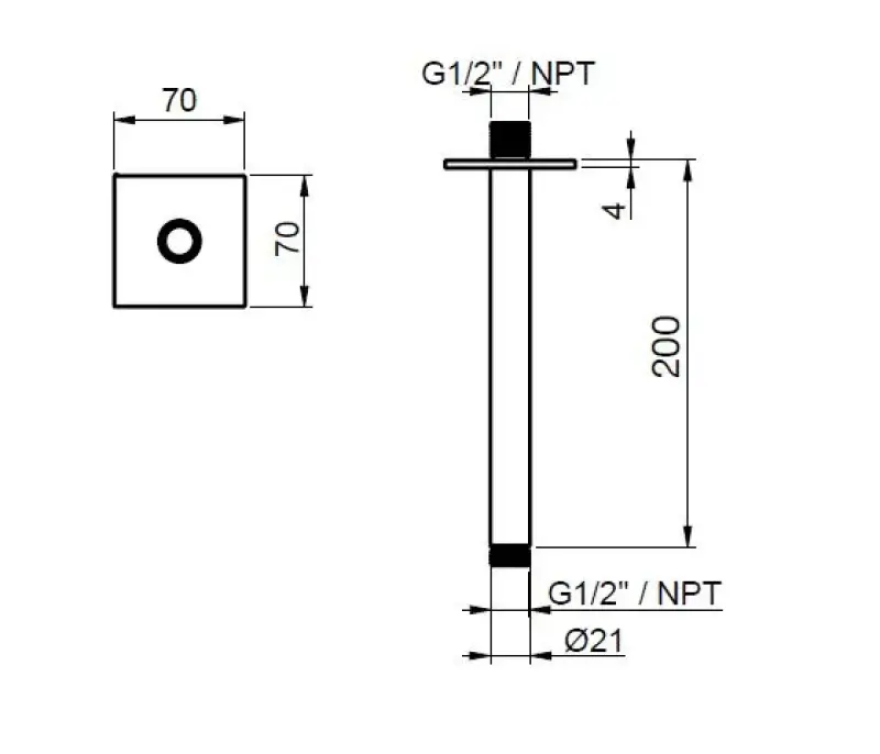 SB Square 316 Decken-Duscharm rund 20cm gebürstet, aus massivem Edelstahl 316