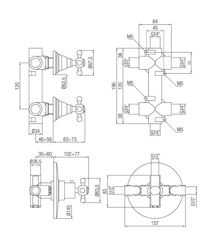 PB Classic Nostalgie Unterputz-Duschthermostat mit 2 Absperrventilen Bronze