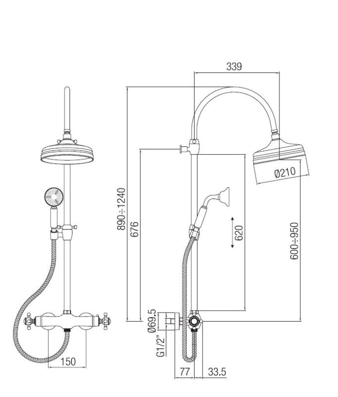 PB Classic Duschsäule mit Thermostatbatterie und Regendusche aus Edelstahl