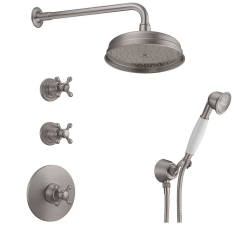PB Nostalgic Unterputz-Duschset mit Thermostat und 2 Absperrventile - Handbrause - Regendusche 200mm - Edelstahl