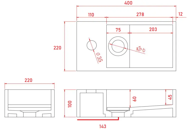 Solid-S Marmor Solid Surface Waschbecken B40xT22xH10cm Marmor matt schwarz links mit Hahnloch 1208954633
