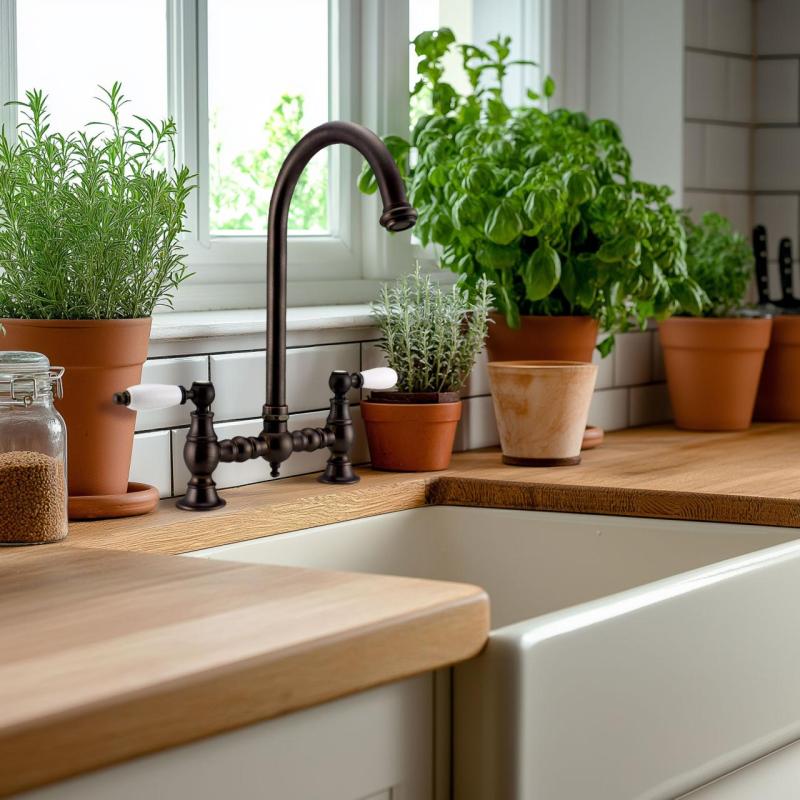 PB Nostalgische Brücken-Küchenarmatur dunkles Kupfer mit rundem Auslauf und weißen Hebeln 1208954666