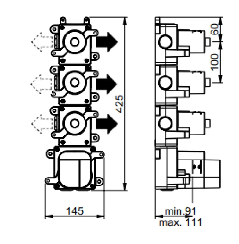 SB AESTHETICS Round Unterputz-Thermostatbatterie mit 3 Ausgängen/ 3x Absperrhahn Schwarz matt 11208954969