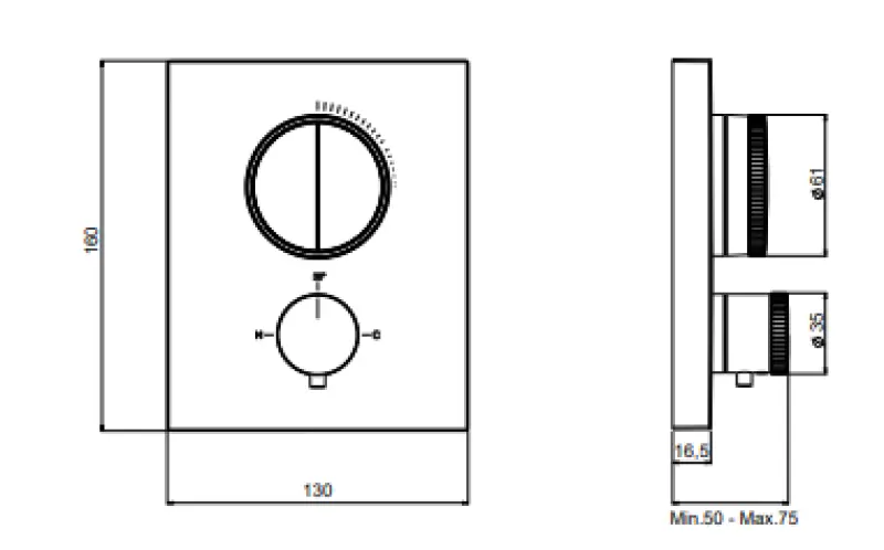 SB Push Square Unterputz-Thermostatbatterie mit Druckknopf-Umsteller und Mengenregler Edelstahl 1208955123
