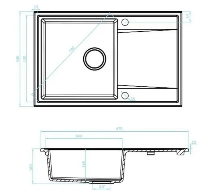 Aquadesign Cesena Granit-Spüle mit Abtropffläche, reversibel, Farbe Schwarz, Oberflächen-Einbau