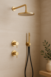 Waterevolution Flow Unterputz-Duschset mit Thermostat Regendusche und Handbrause gebürstetes Hellgold PVD