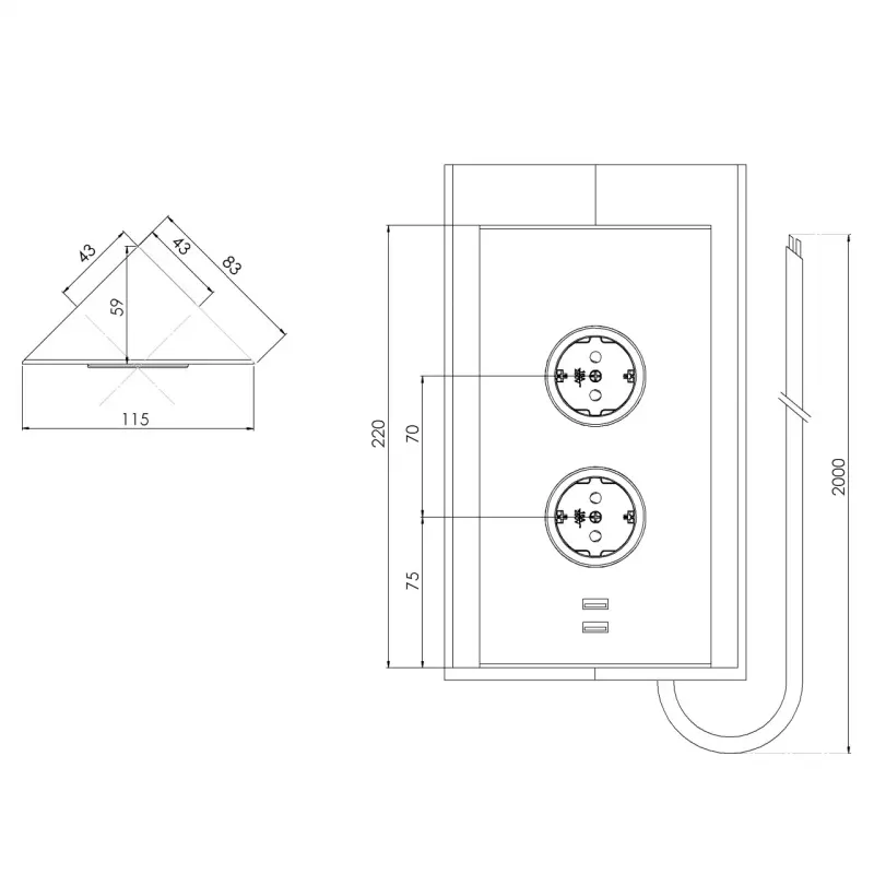 Indux Energiesäule 2ST22 mit 2 Steckdosen und 2 USB-Anschlüsse Kupfer