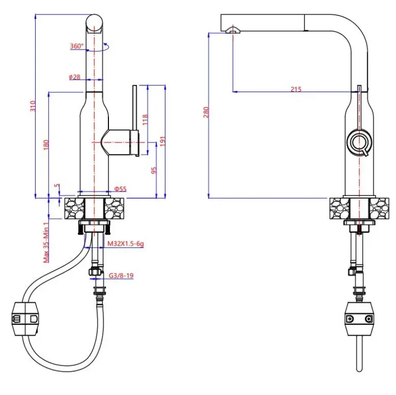 Quadri Stamford Küchenmischbatterie mit abnehmbarem Auslauf, Edelstahl 1208956081