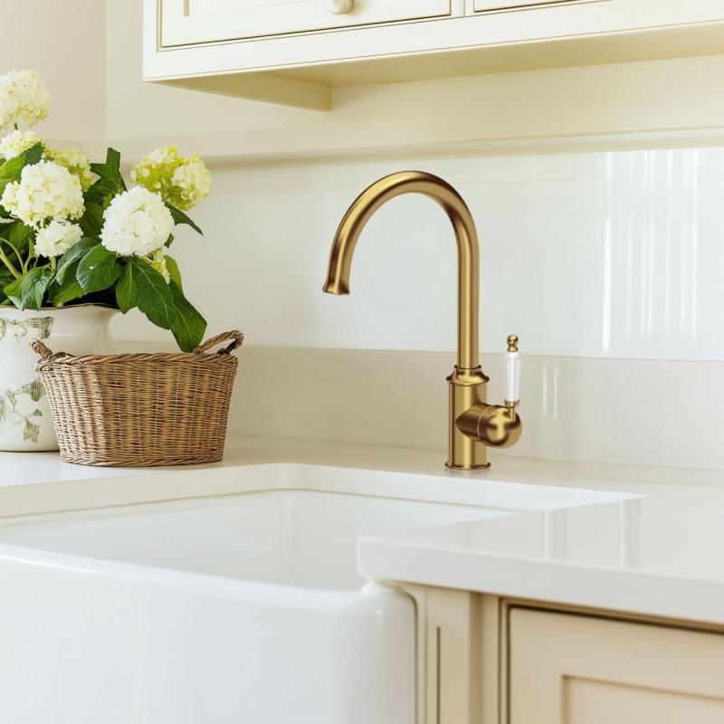 Quadri Worksop Klassische Nostalgische Goldene PVD Küchenarmatur mit Keramikgriff 1208956102