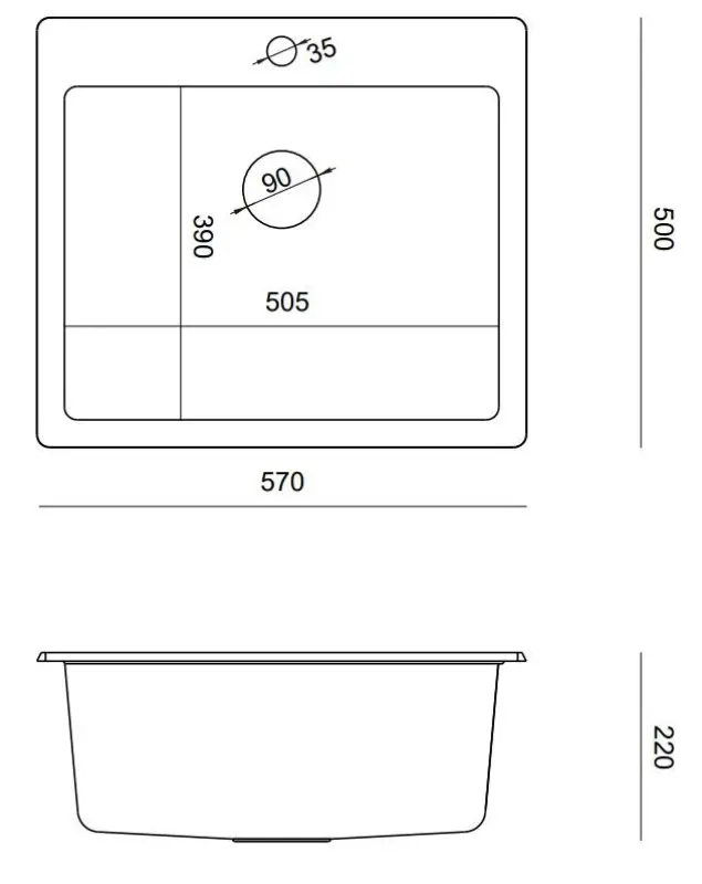 Quadri Sheffield schwarze Granit Spüle 57x50cm mit Hahnlochbank und Kupferstecker, flächenbündiger Einbau 1208956115
