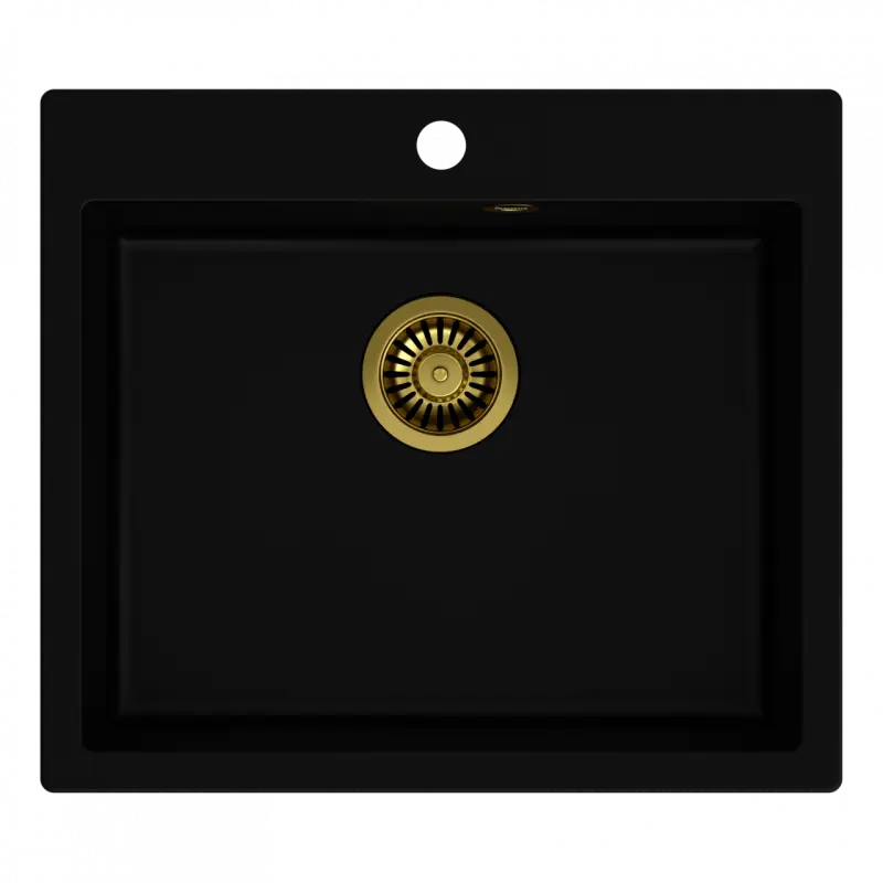 Quadri Sheffield schwarze Granit Spüle 57x50cm mit Hahnlochbank und Goldstecker, flächenbündiger Einbau 1208956116