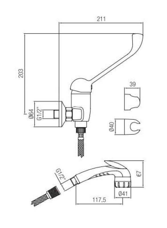 PB Clinic behindertengerechet Brausebatterie mit langem Hebel Chrom mit Handbrause 1208956283