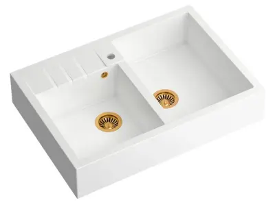 Quadri Minister Doppelspüle weißes Landhausmodell 90x62cm mit Kupferstecker und Überlauf 1208956329