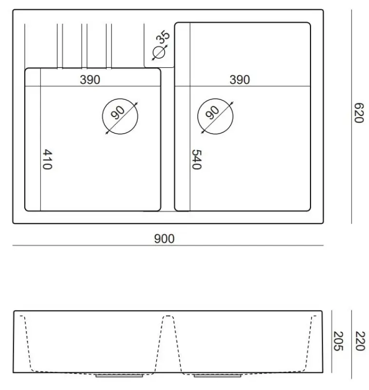 Quadri Minister Doppelspüle weißes Landhausmodell 90x62cm mit Kupferstecker und Überlauf 1208956329