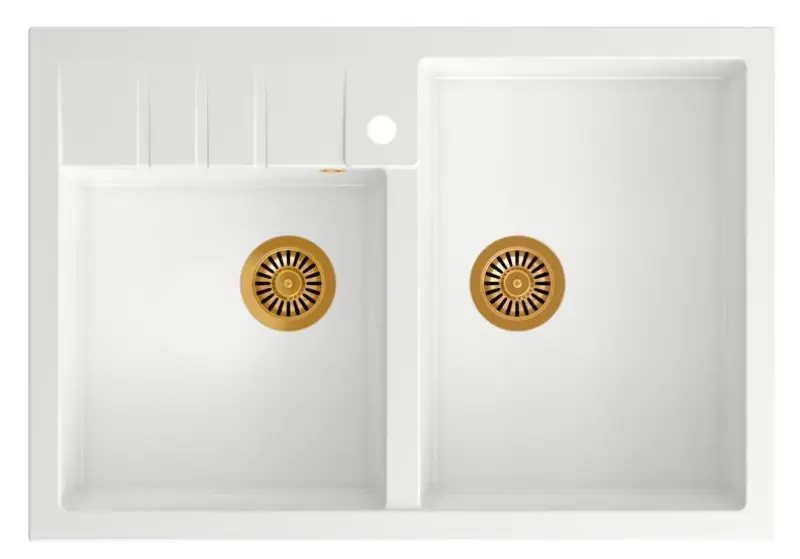 Quadri Minister Doppelspüle weißes Landhausmodell 90x62cm mit Kupferstecker und Überlauf 1208956329