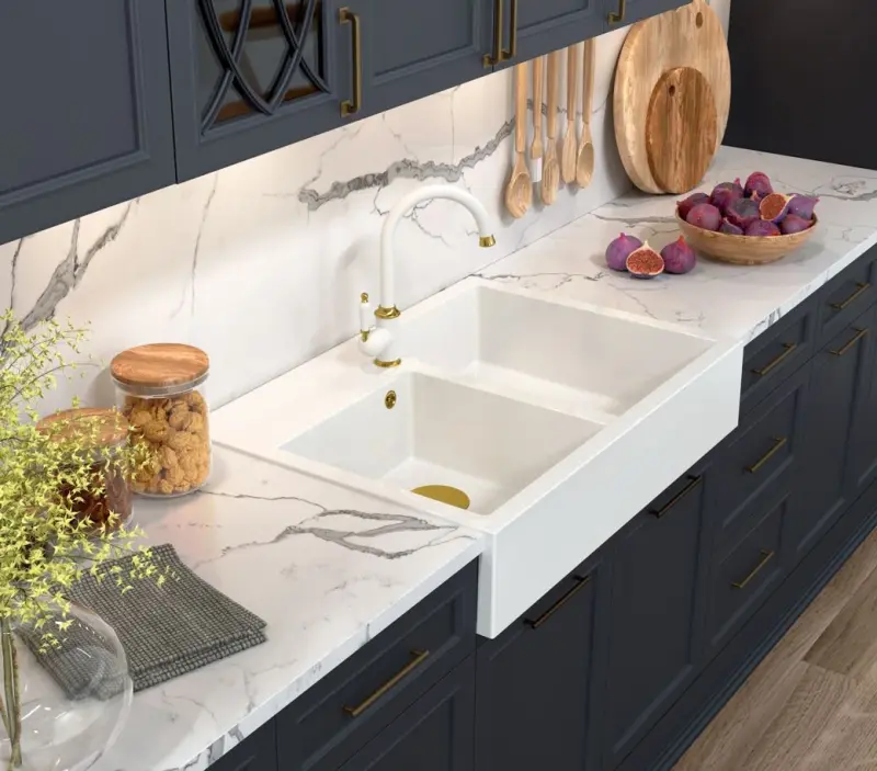 Quadri Minister Doppelspüle weißes Landhausmodell 90x62cm mit Kupferstecker und Überlauf 1208956329