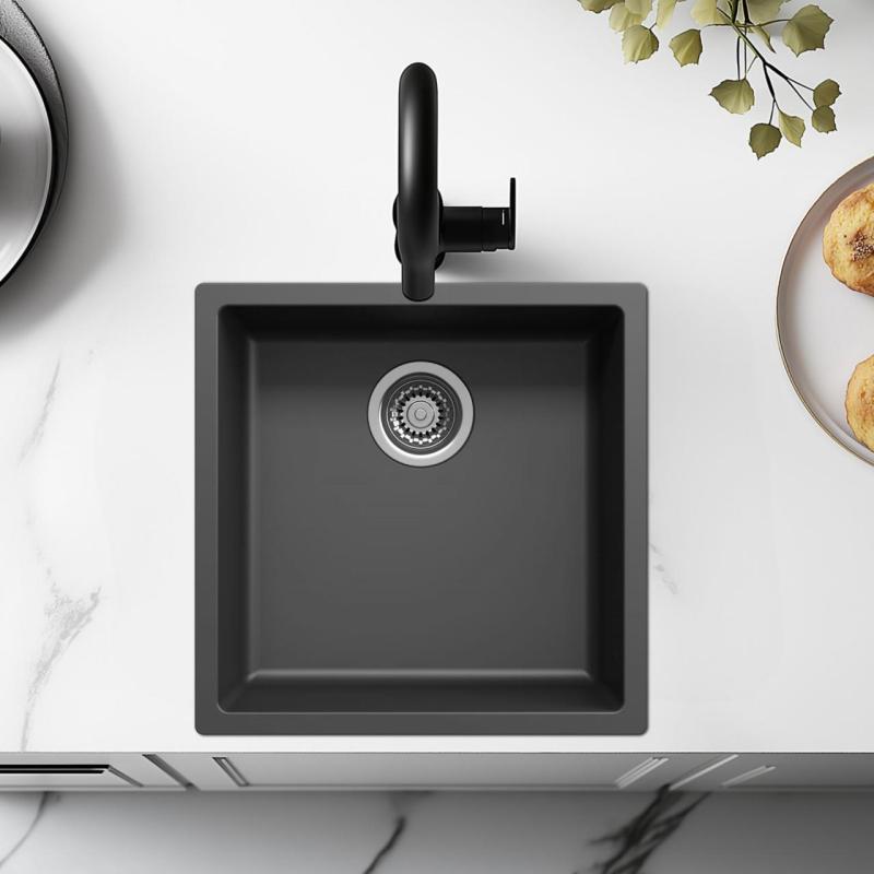 Schwarzes Spülbecken 40x40cm Unterbau und Oberflächen-Einbau mit Edelstahlstecker 1208956390