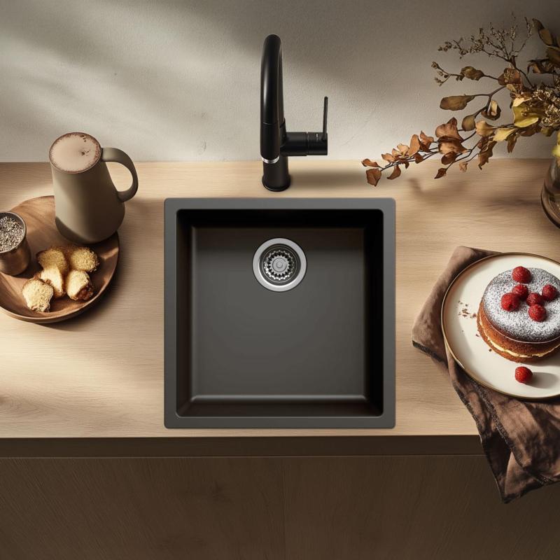 Schwarzes Spülbecken 40x40cm Unterbau und Oberflächen-Einbau mit Edelstahlstecker 1208956390