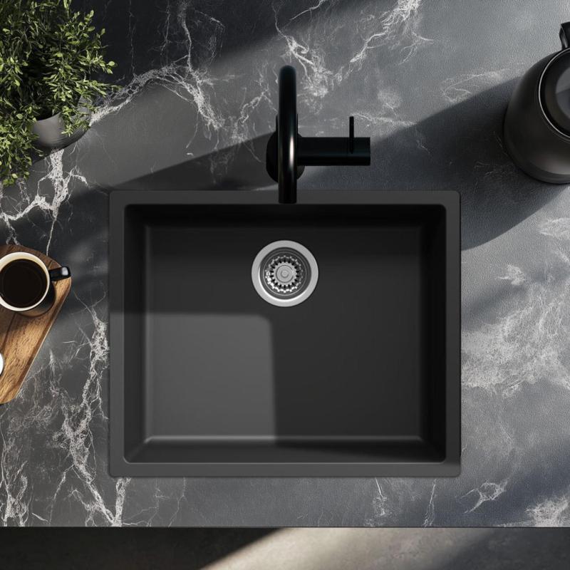 Schwarzes Spülbecken 50x40cm Unterbau, flächenbündiger und Oberflächen-Einbau mit Edelstahlstecker 1208956395