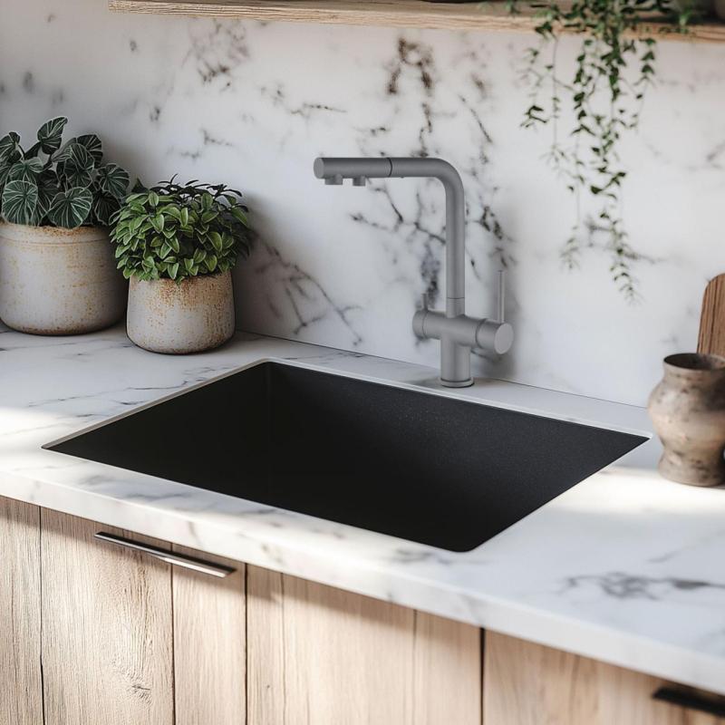 Schwarzes Spülbecken 50x40cm Unterbau, flächenbündiger und Oberflächen-Einbau mit schwarzem Ablaufstecker 1208956396