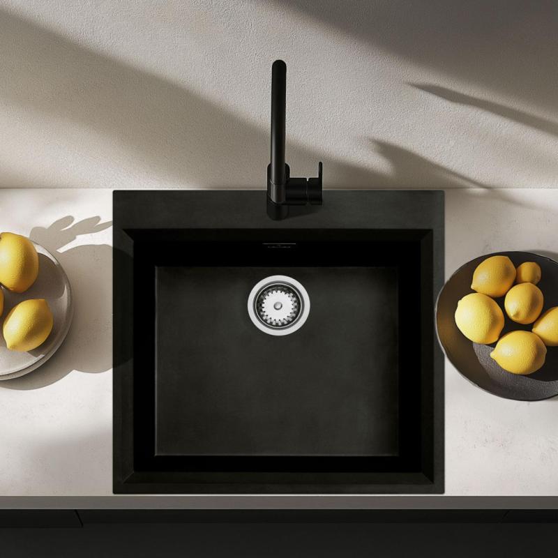 Schwarze Aufsatzspüle 58 x 53 cm mit Lochbank und Edelstahlstopfen 1208956732