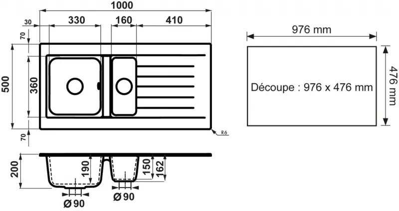 Ausmann Fibre 1,5 schwarze Kunststoffspüle, umkehrbar, mit Abtropffläche, Aufsatzmontage, 100 x 50 cm, mit schwarzem Stopfen 1208956784