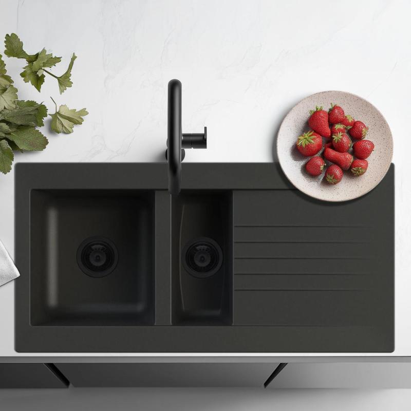 Ausmann Fibre 1,5 schwarze Kunststoffspüle, umkehrbar, mit Abtropffläche, Aufsatzmontage, 100 x 50 cm, mit schwarzem Stopfen 1208956784