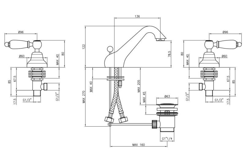 PB classic 3-Loch-Waschtischarmatur, weiße Griffe, Edelstahl 1208956908