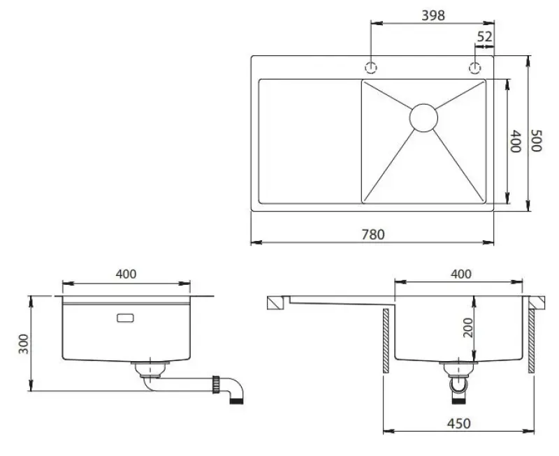 Ausmann Turt Gold, Spülbecken mit Abtropffläche links 780x500mm, flächenbündig und Oberflächen-Einbau 1208956942