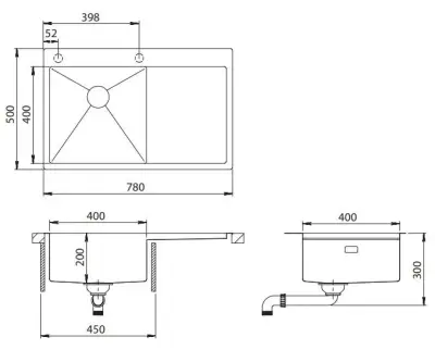 Ausmann Turt Kupfer-Spülbecken mit Abtropffläche rechts 780x500mm, flächenbündig und Oberflächen-Einbau 1208956943