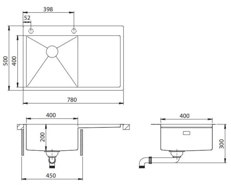 Ausmann Turt Kupfer-Spülbecken mit Abtropffläche rechts 780x500mm, flächenbündig und Oberflächen-Einbau 1208956943