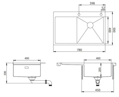 Ausmann Turt Edelstahlspüle mit Abtropffläche links 780x500mm, flächenbündiger und Oberflächen-Einbau 1208956957